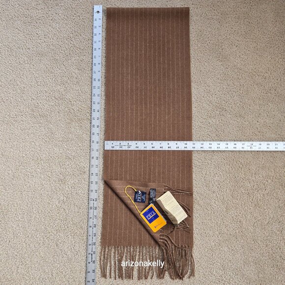 NWT Alfredo Pria Wool Scarf *TINY HOLE* Tan Pinstripe Biella Italy - Picture 6 of 12